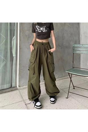 Haki Renkli Tactical Kargo Cepli Lastikli Bol Kalıp Baggy Oversize Pantolon 