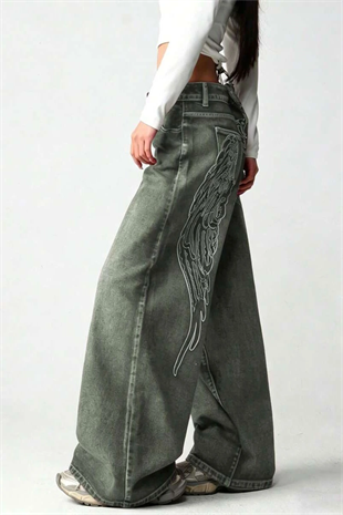Haki Yıkamalı Melek Kanatlı Harajuku Y2K Unisex Baggy Pantolon