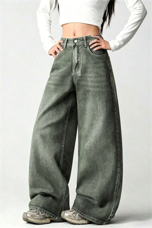 Haki Yıkamalı Melek Kanatlı Harajuku Y2K Unisex Baggy Pantolon