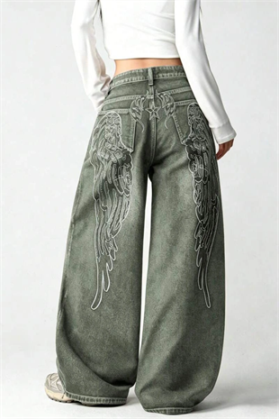 Haki Yıkamalı Melek Kanatlı Harajuku Y2K Unisex Baggy Pantolon