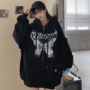 Harajuku Butterfly Kelebek Siyah Fermuarlı Unisex Oversize Kapüşonlu Hırka