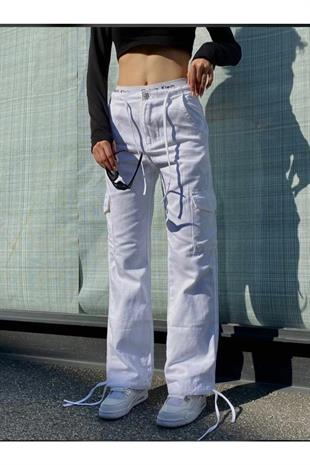 Harajuku Fashion Cargo Pocket Britli Beyaz Renk Tracksuit Pantolon