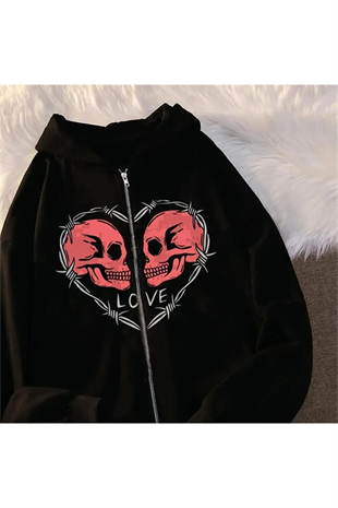 Harajuku Love Skulls Baskılı Tech Oversize Fermuar Detail Vintage Unisex Hırka