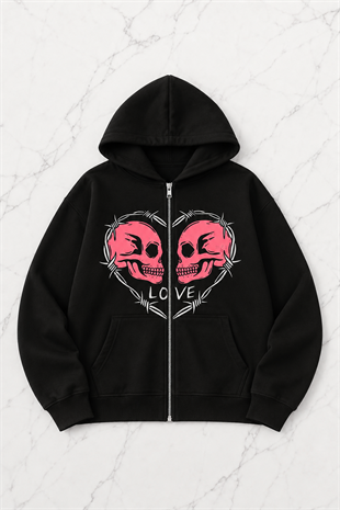 Harajuku Love Skulls Baskılı Tech Oversize Fermuar Detail Vintage Unisex Hırka