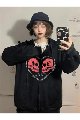 Harajuku Love Skulls Baskılı Tech Oversize Fermuar Detail Vintage Unisex Hırka