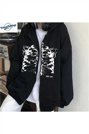 Harajuku Skeleton Baskılı Tech Oversize Fermuar Detail Vintage Unisex Hırka
