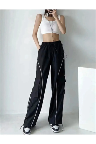 Harajuku Tarz Unisex Siyah Bel Ve Paçası Lastikli Kargo Pantolon Eşofman Altı