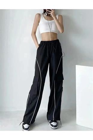 Harajuku Tarz Unisex Siyah Bel Ve Paçası Lastikli Kargo Pantolon Eşofman Altı