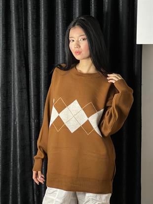 Harajuku Vintage Kahverengi Ekose Oversize Kazak