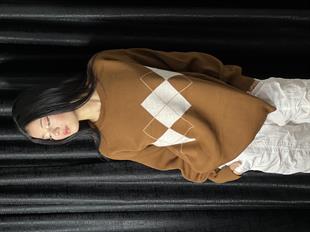 Harajuku Vintage Kahverengi Ekose Oversize Kazak