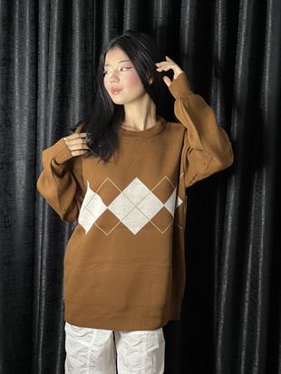 Harajuku Vintage Kahverengi Ekose Oversize Kazak