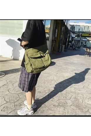 Harajuku Vintage Unisex Kargo Cep Iç Hacmi Geniş Haki Yeşil Postacı Çanta