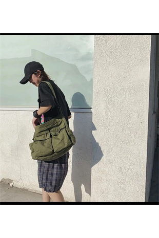 Harajuku Vintage Unisex Kargo Cep Iç Hacmi Geniş Haki Yeşil Postacı Çanta