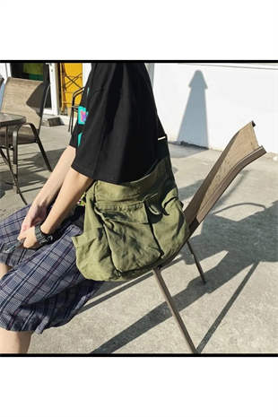 Harajuku Vintage Unisex Kargo Cep Iç Hacmi Geniş Haki Yeşil Postacı Çanta