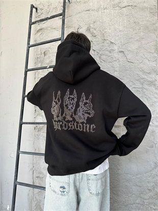 Hardstone Taş Detaylı Siyah Hoodie Oversize Sweatshirt