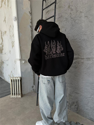 Hardstone Taş Detaylı Siyah Hoodie Oversize Sweatshirt