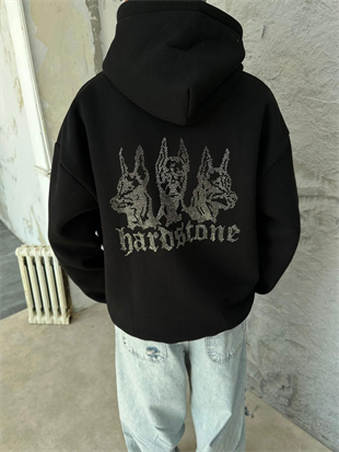 Hardstone Taş Detaylı Siyah Hoodie Oversize Sweatshirt