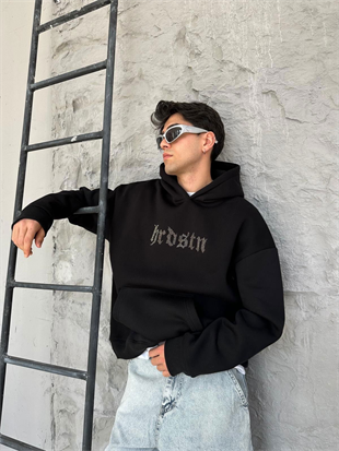 Hardstone Taş Detaylı Siyah Hoodie Oversize Sweatshirt