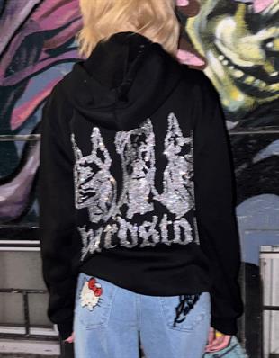Hardstone Taş Detaylı Siyah Hoodie Oversize Sweatshirt