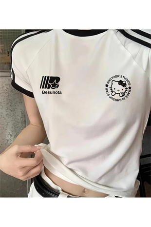 Hello Kitty Baskılı Şeritli Bluz Body Crop