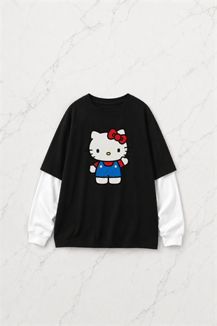 Hello Kitty Baskılı Siyah Reglan Kol Uzun T-shirt
