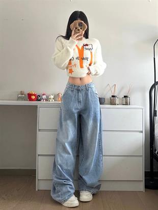 Hello Kitty Detaylı Baggy Yıkamalı Mavi Jean