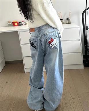 Hello Kitty Detaylı Baggy Yıkamalı Mavi Jean