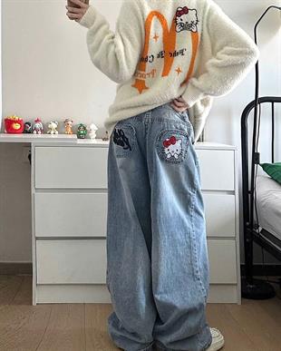 Hello Kitty Detaylı Baggy Yıkamalı Mavi Jean