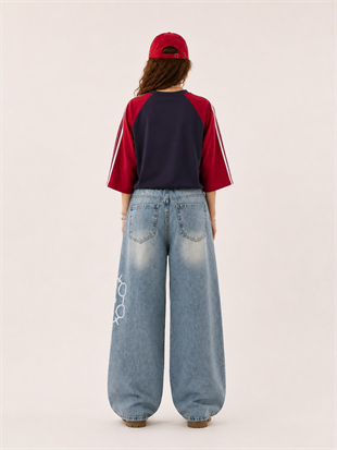 Hello Kitty Detaylı Mavi Baggy Jean