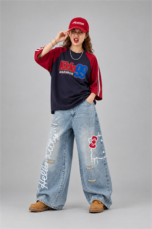Hello Kitty Detaylı Mavi Baggy Jean