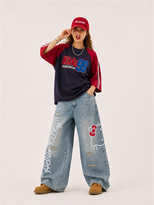 Hello Kitty Detaylı Mavi Baggy Jean