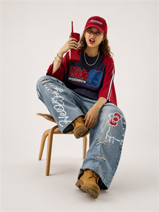 Hello Kitty Detaylı Mavi Baggy Jean