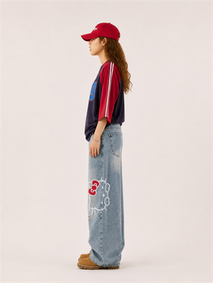 Hello Kitty Detaylı Mavi Baggy Jean