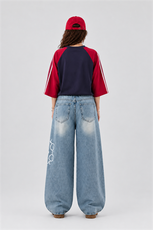 Hello Kitty Detaylı Mavi Baggy Jean