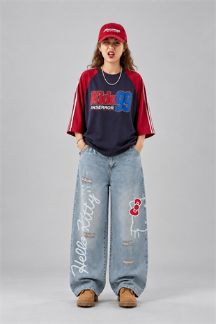 Hello Kitty Detaylı Mavi Baggy Jean