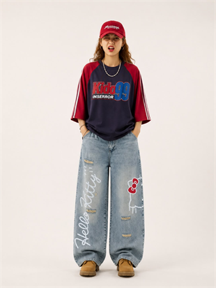 Hello Kitty Detaylı Mavi Baggy Jean