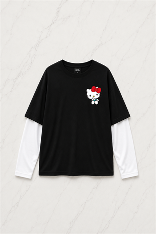 Hello Kitty Minimalist Baskılı Siyah Reglan Kol Uzun T-shirt