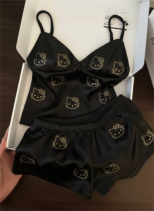 Hello Kitty Taş Detaylı Şık Homewear Pijama Takımı Siyah