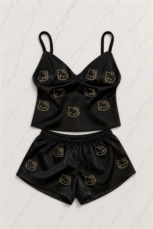 Hello Kitty Taş Detaylı Şık Homewear Pijama Takımı Siyah
