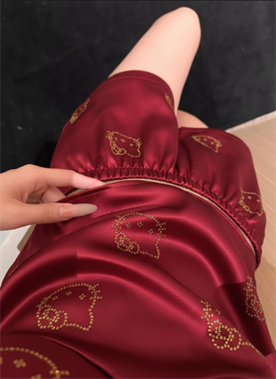 Hello Kitty Taş Detaylı Şık Homewear Pijama Takımı Bordo