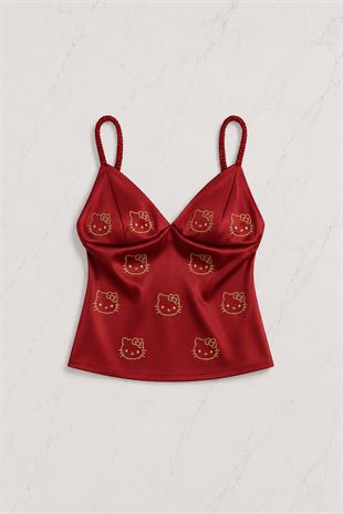 Hello Kitty Taş Detaylı Şık Homewear Pijama Takımı Bordo