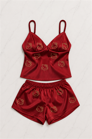 Hello Kitty Taş Detaylı Şık Homewear Pijama Takımı Bordo