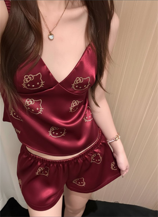 Hello Kitty Taş Detaylı Şık Homewear Pijama Takımı Bordo