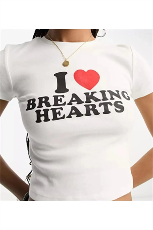 I Love Breaking Hearts Baskılı Beyaz Crop