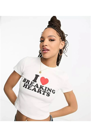 I Love Breaking Hearts Baskılı Beyaz Crop
