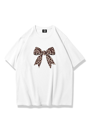 Kadın Leopar Kurdele Tshirt Beyaz