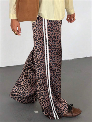 Kahverengi Leopar Şeritli Baggy Unisex Eşofman Altı