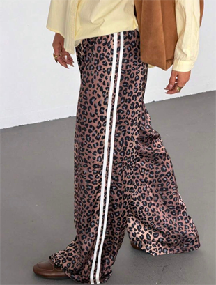 Kahverengi Leopar Şeritli Baggy Unisex Eşofman Altı