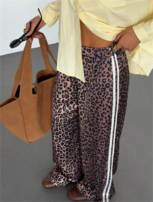 Kahverengi Leopar Şeritli Baggy Unisex Eşofman Altı