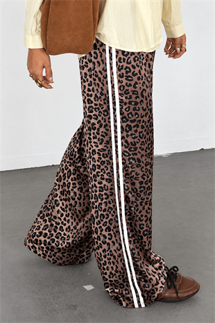 Kahverengi Leopar Şeritli Baggy Unisex Eşofman Altı